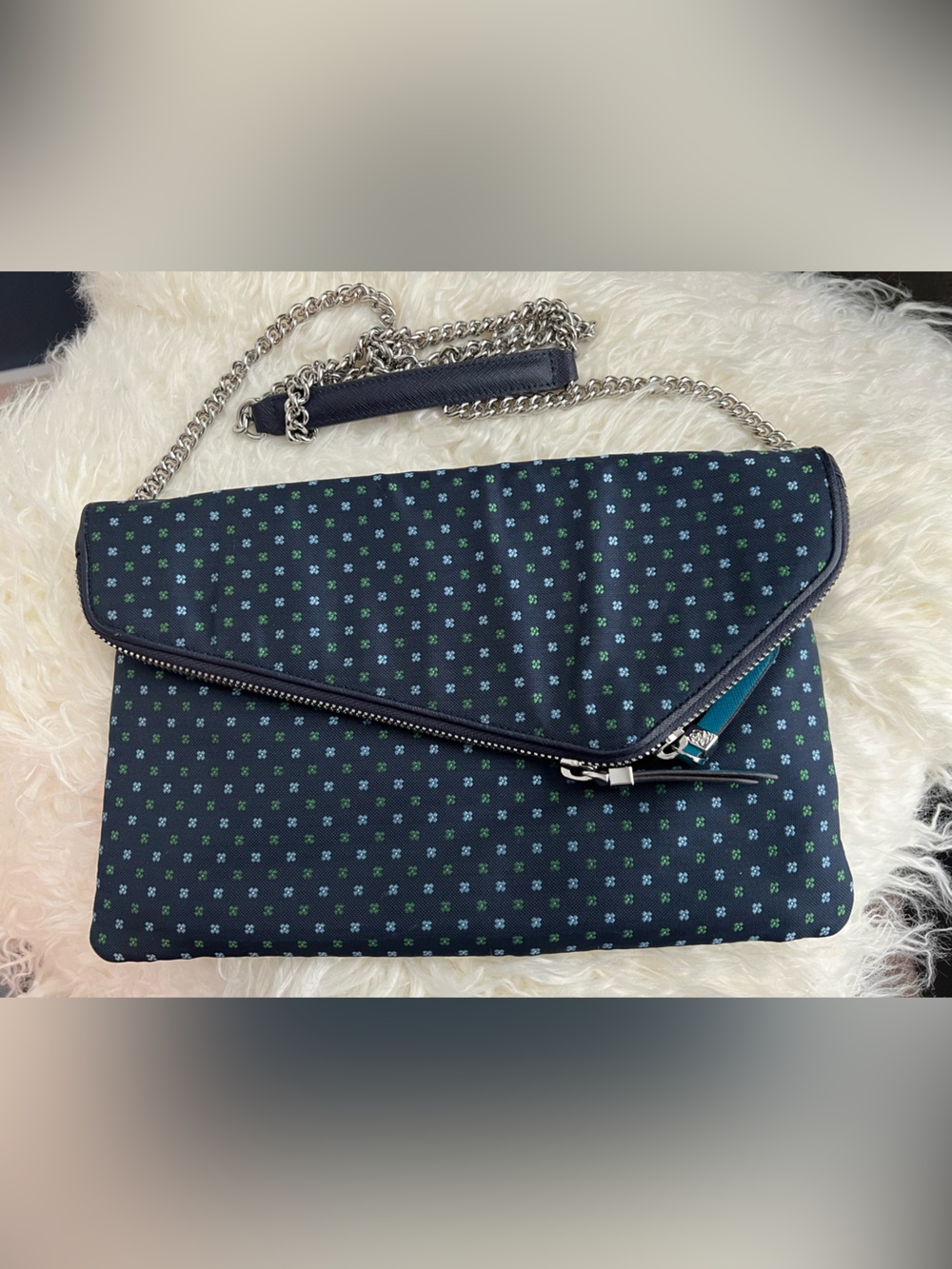 Henri Bendel navy blue clover print convertible clutch crossbody.